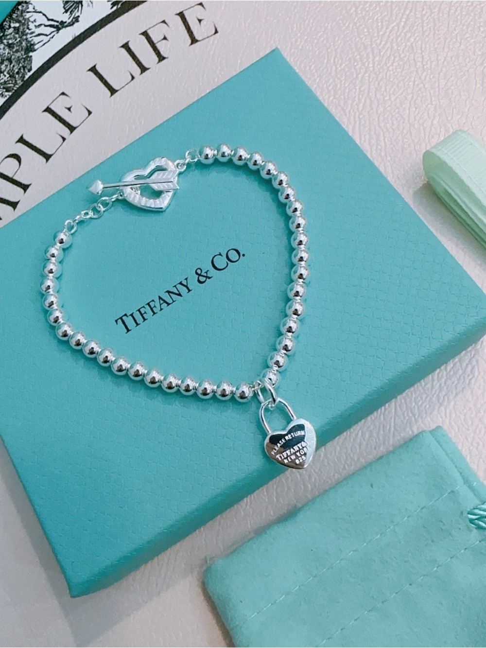 Tiffany & Co. Silver Beaded Bracelet with Heart Padlock - Blue Accent